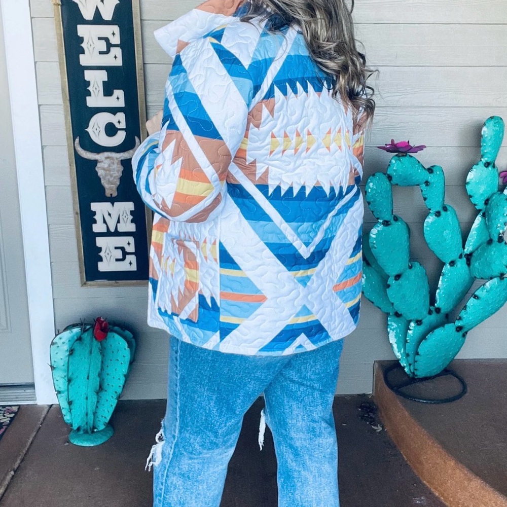 Women's Geometric Blue and White Puffer Jacket